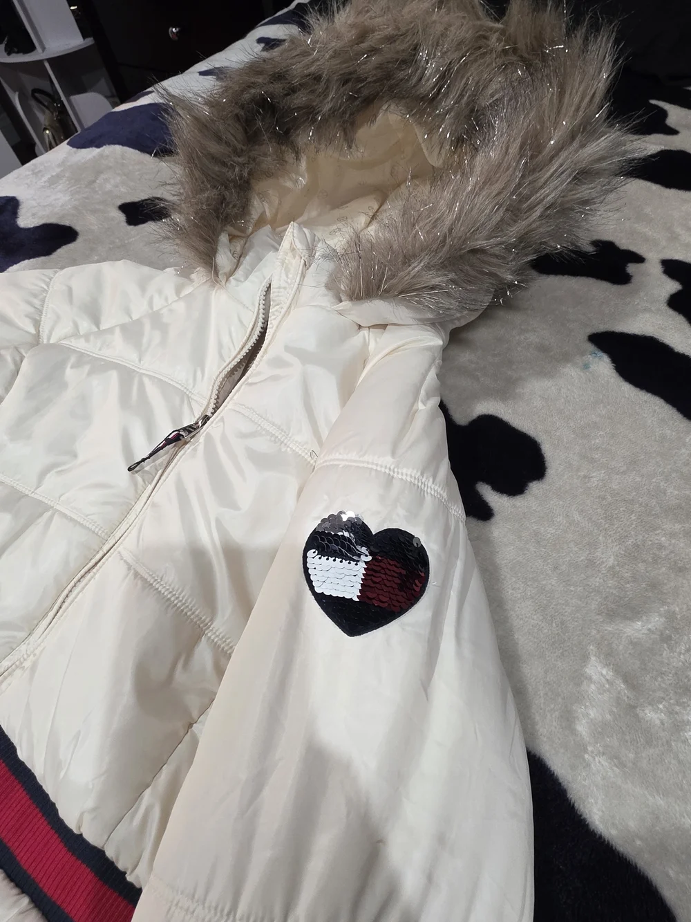 Tommy Hilfiger Cream Hooded Quilted Puffer with Faux-Fur Trim